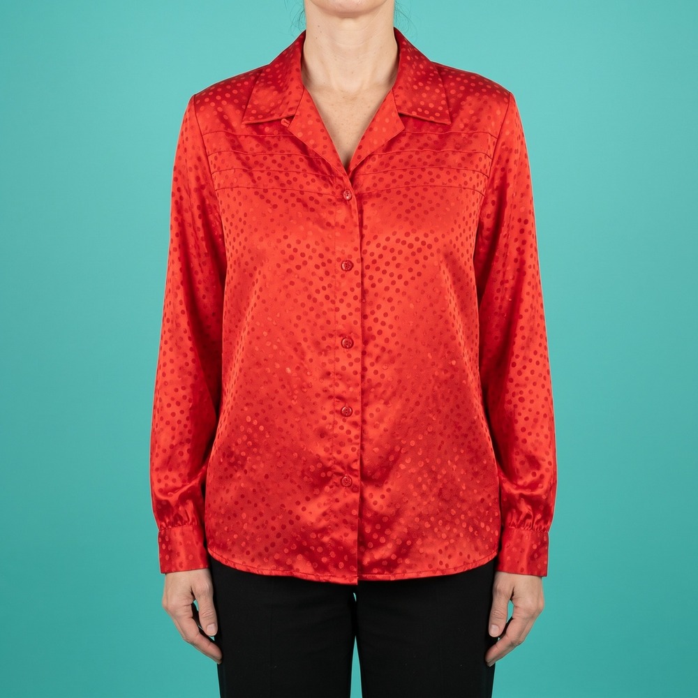 Bleyle Blouse Womens L Red Polka Dot Tie Neck Long Sleeve Jacquard EUC